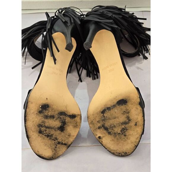 Nine West Hustle Womens Size 7.5M Black Fringe Ankle Strap Heel - Picture 7 of 8